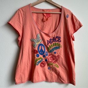 Johnny Was Embroidered Peace Scoop-neck Tee XL